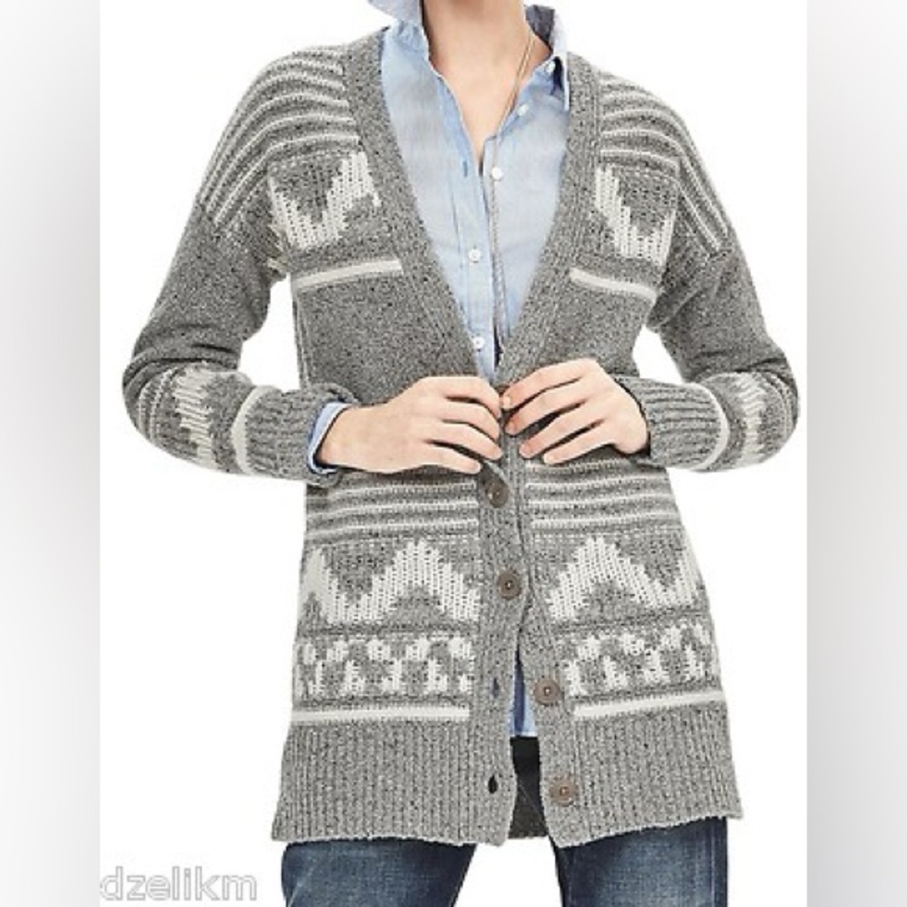 Banana Republic Jacquard Fair Isle Long Cardigan Wool Blend XS Gray